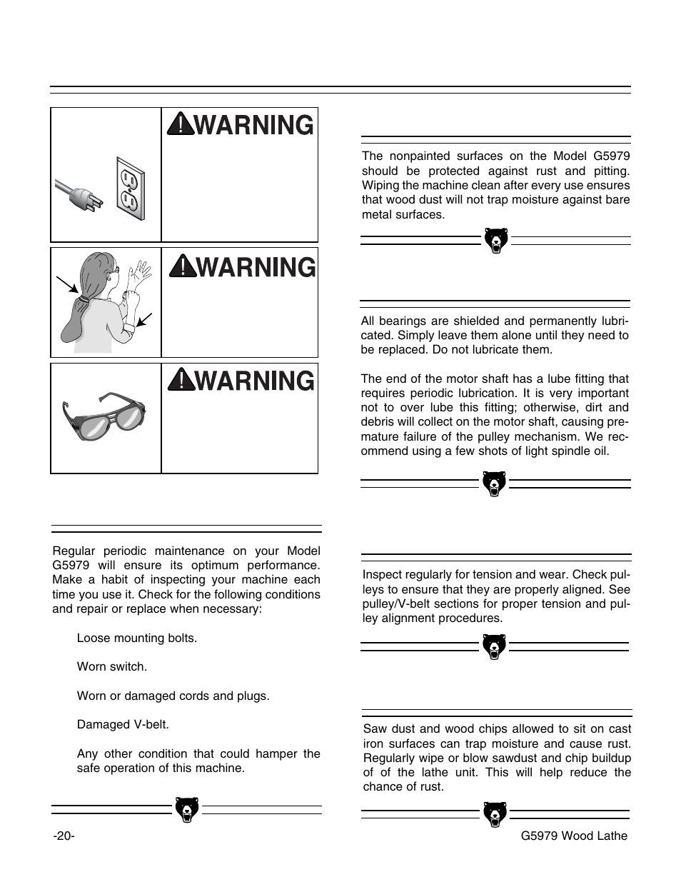 Lubrication v-belt, General dust/chip removal, Rust | Grizzly G5979 User Manual | Page 22 / 32