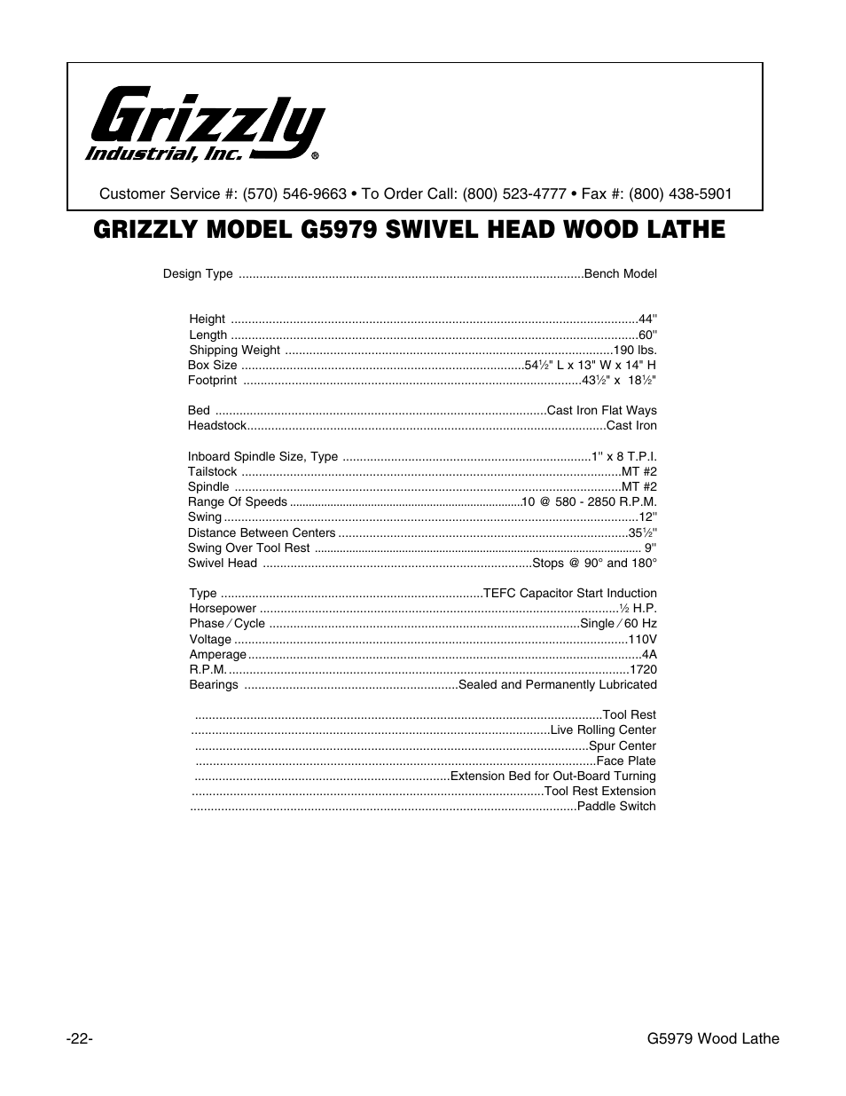 Machine data sheet, Grizzly model g5979 swivel head wood lathe | Grizzly G5979 User Manual | Page 24 / 32