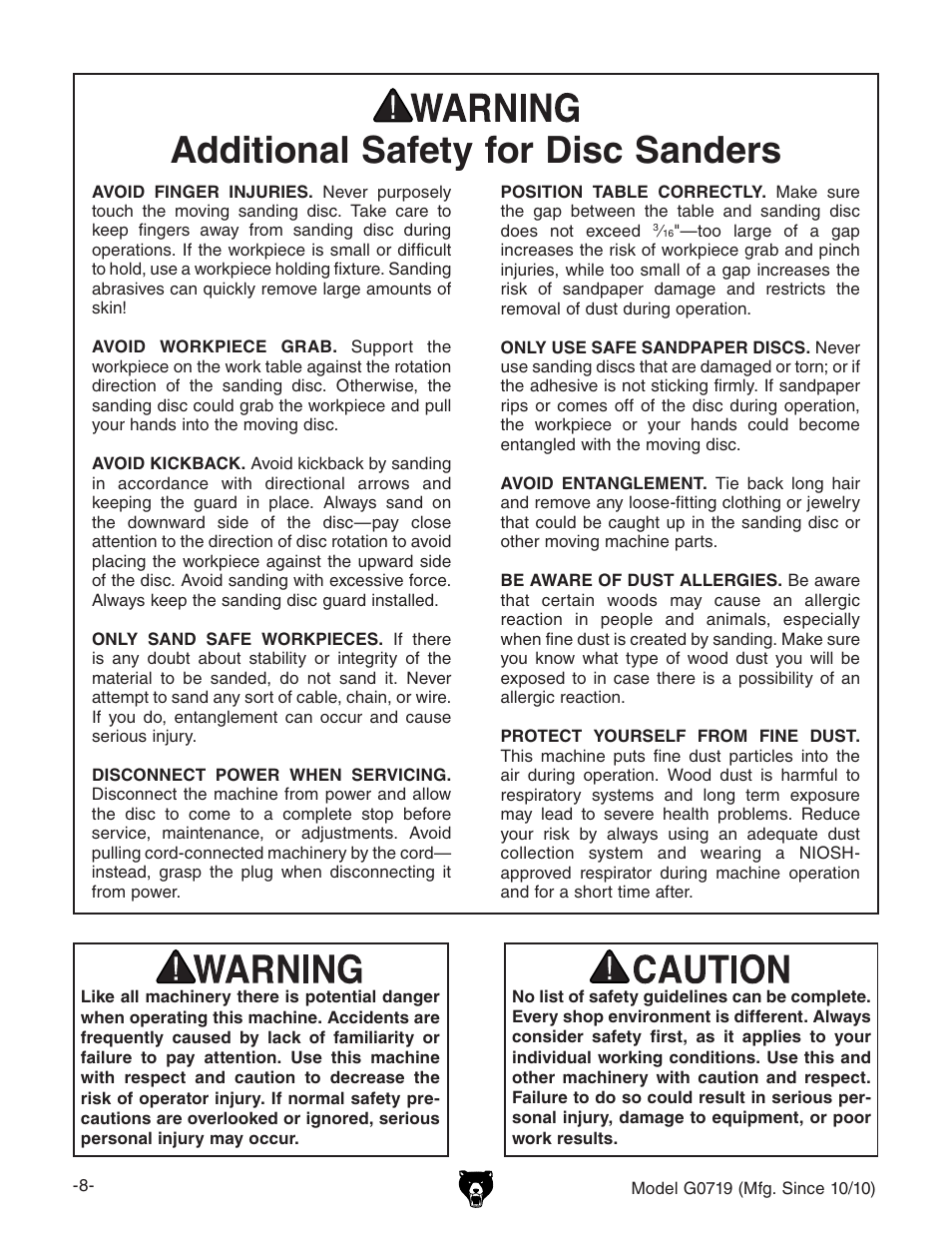 Additional safety for disc sanders | Grizzly G0719 User Manual | Page 10 / 36