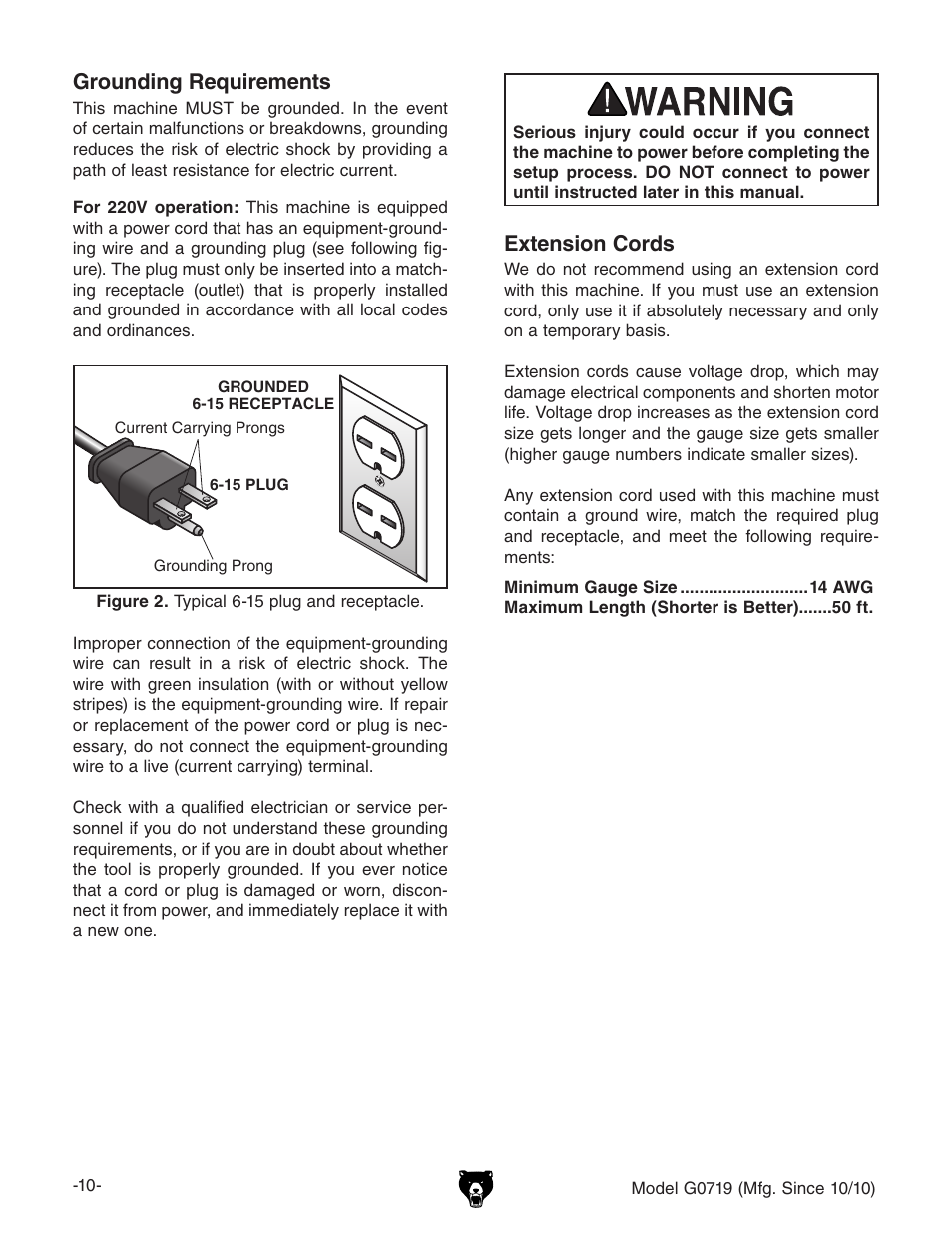 Extension cords, Grounding requirements | Grizzly G0719 User Manual | Page 12 / 36