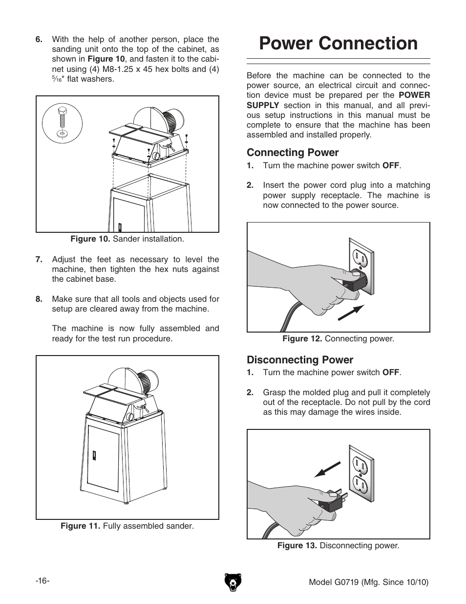 Power connection, Connecting power, Disconnecting power | Grizzly G0719 User Manual | Page 18 / 36