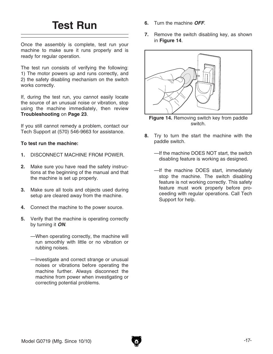 Test run | Grizzly G0719 User Manual | Page 19 / 36