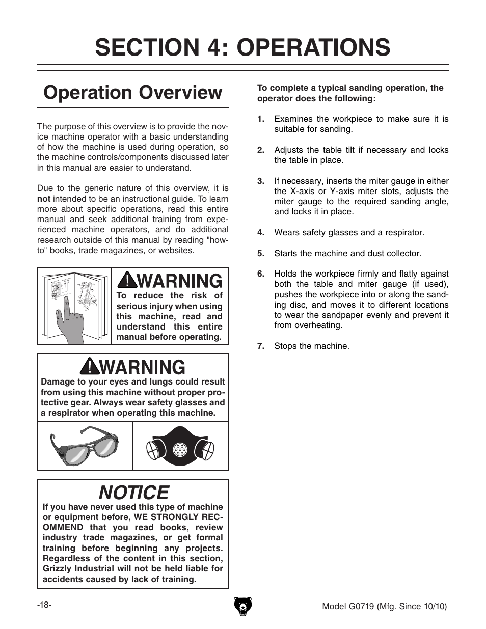 Operation overview, Notice | Grizzly G0719 User Manual | Page 20 / 36
