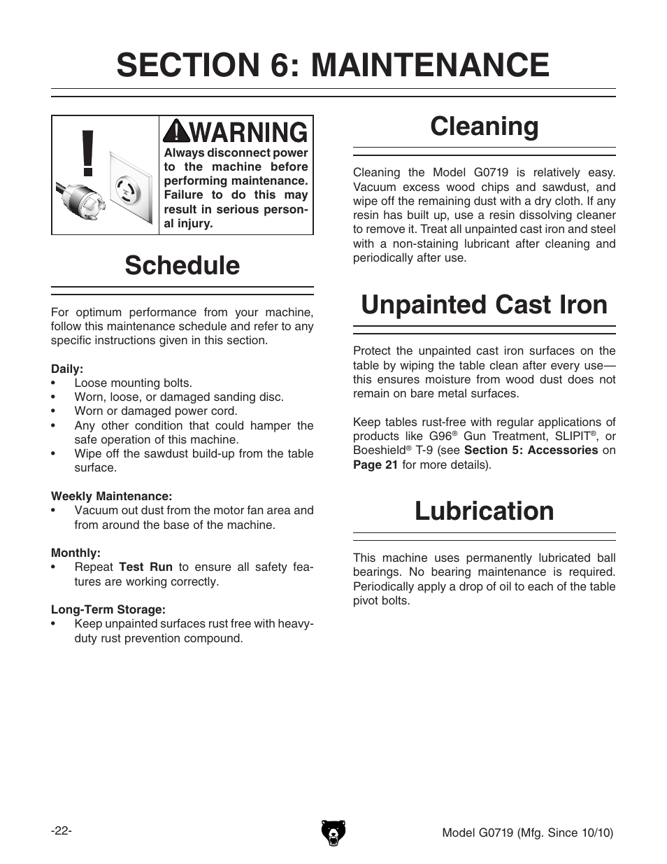 Schedule, Cleaning, Unpainted cast iron lubrication | Grizzly G0719 User Manual | Page 24 / 36