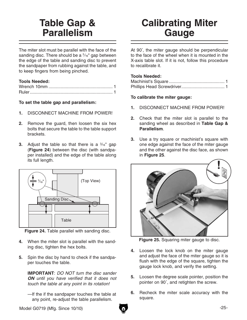 Calibrating miter gauge table gap & parallelism | Grizzly G0719 User Manual | Page 27 / 36