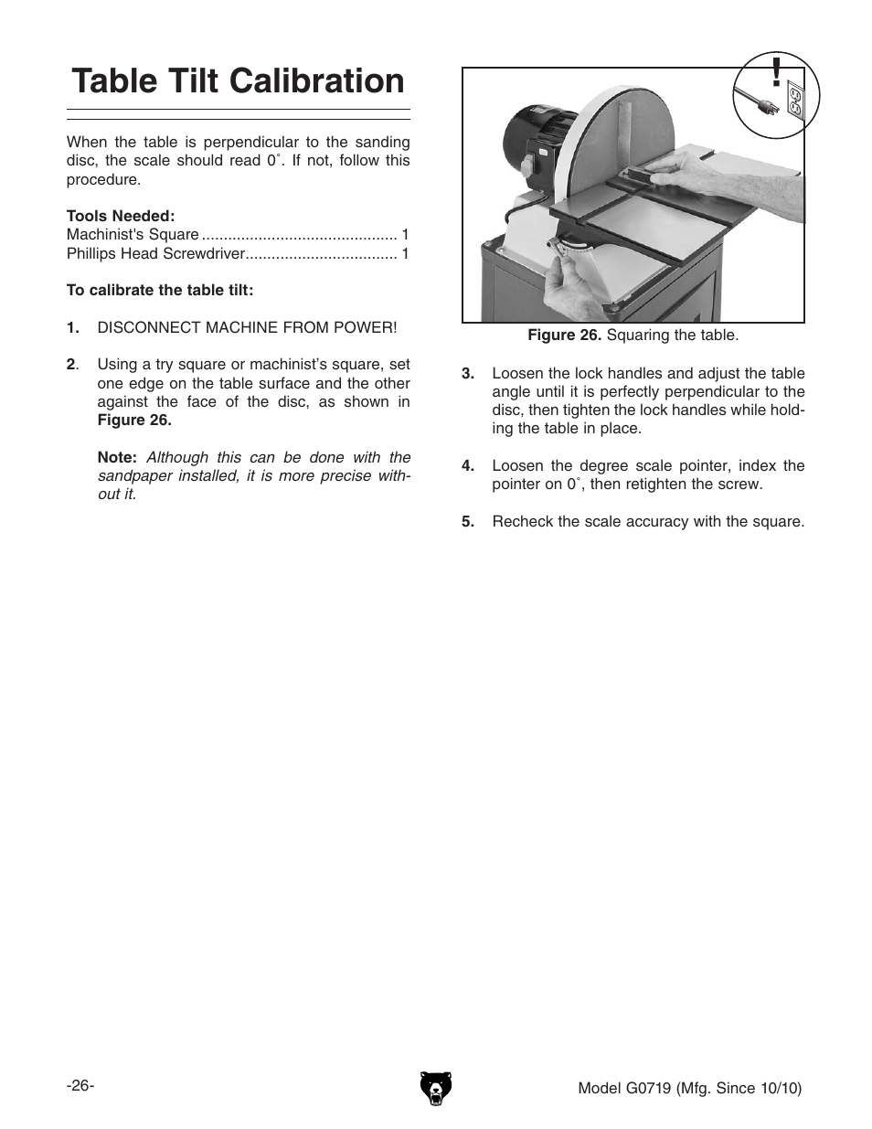 Table tilt calibration | Grizzly G0719 User Manual | Page 28 / 36