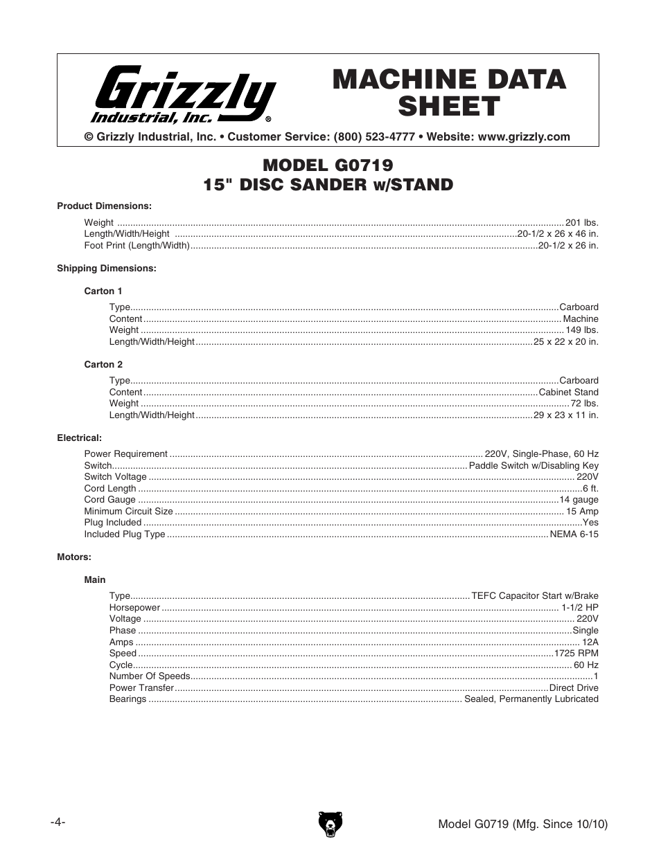 Machine data sheet, Stand | Grizzly G0719 User Manual | Page 6 / 36