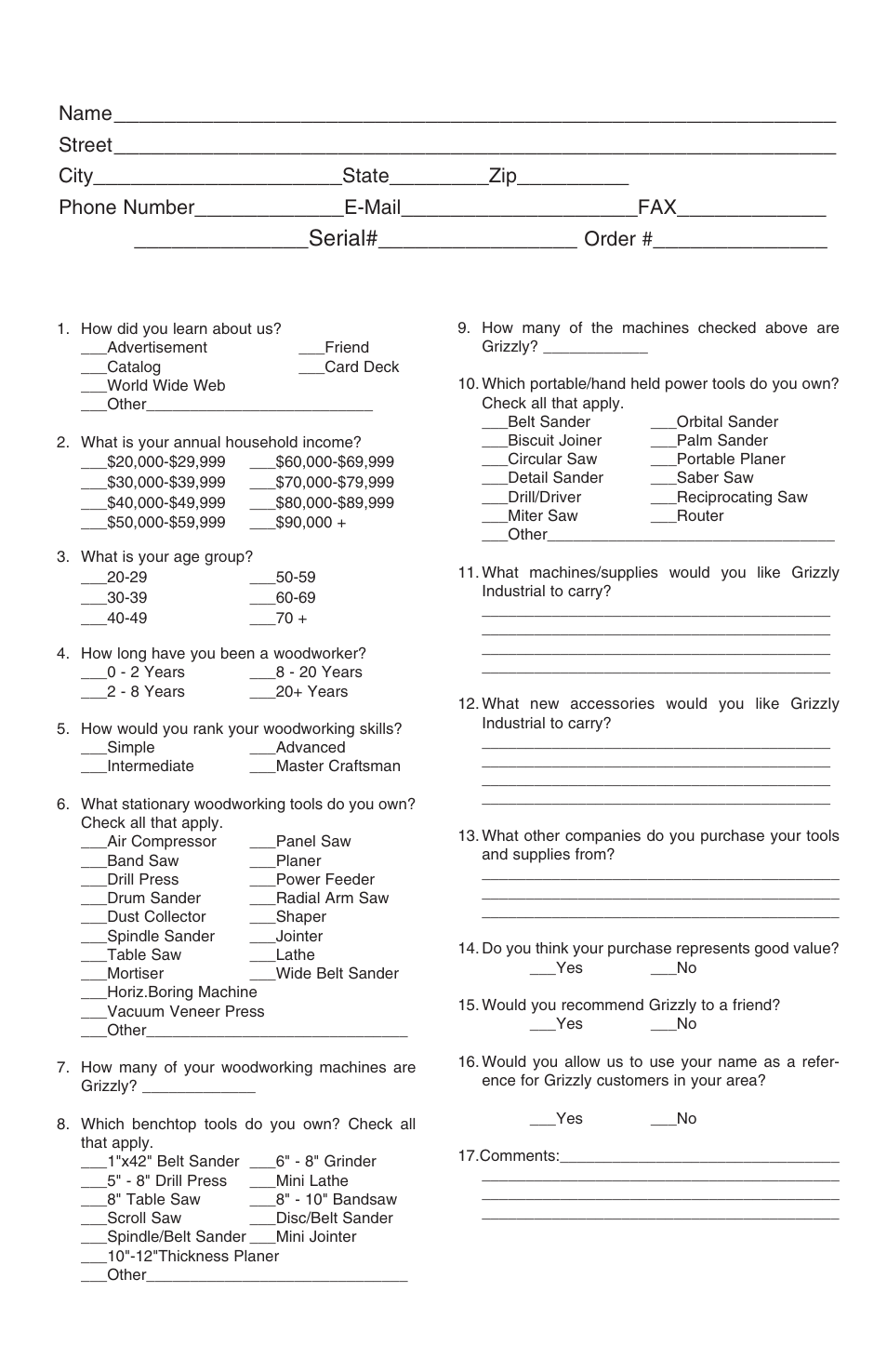 Warranty card, Serial, Name | Street, City, State, Phone number, E-mail, Model, Order | Grizzly G6772 User Manual | Page 19 / 20