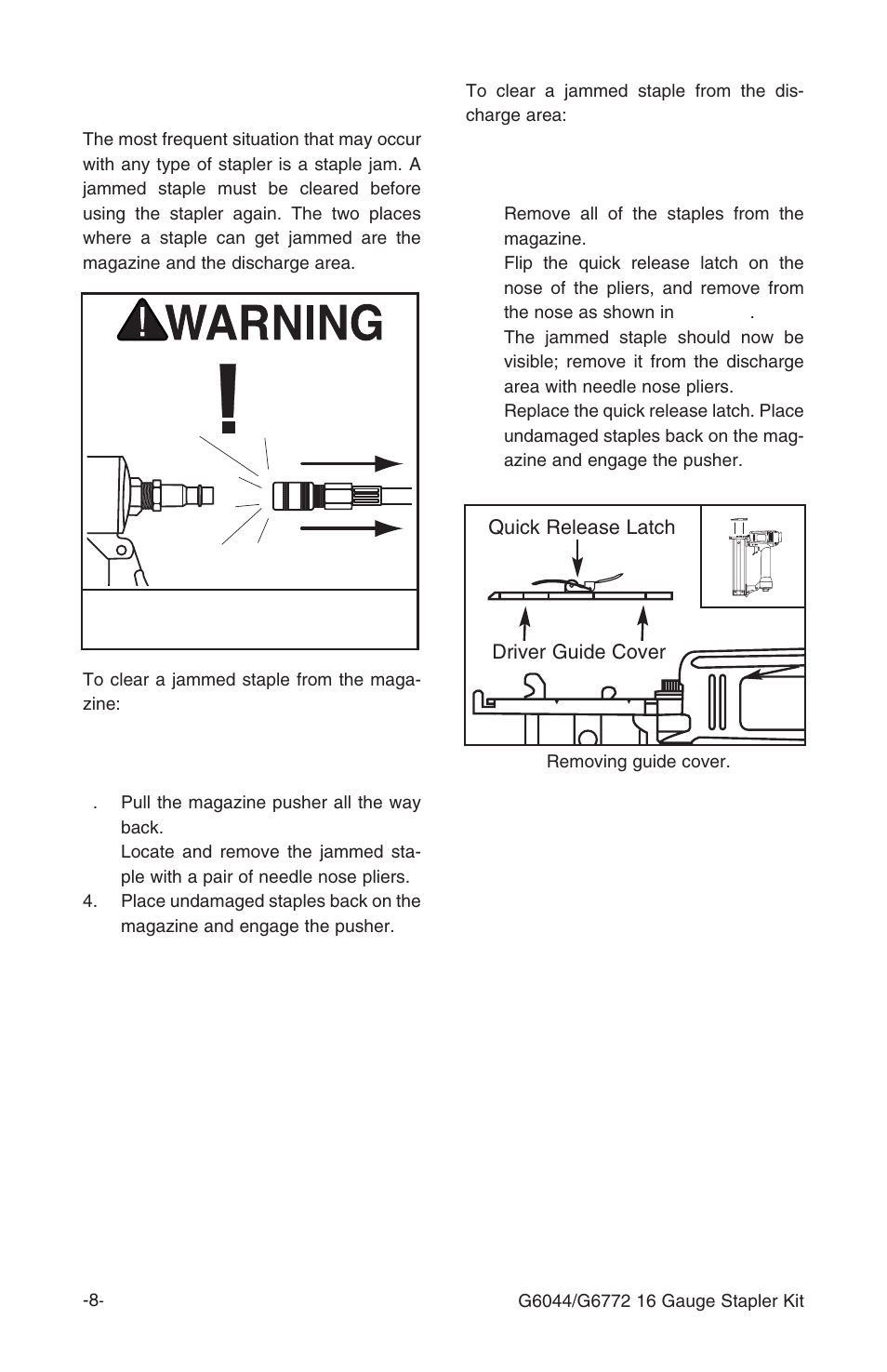 Clearing jammed staples | Grizzly G6772 User Manual | Page 9 / 20