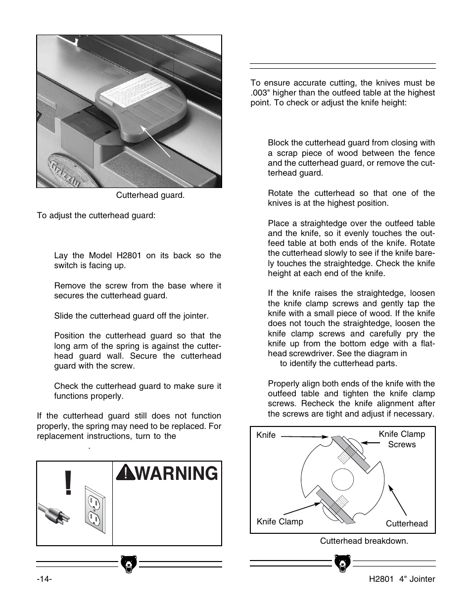Knife adjustment | Grizzly H2801 User Manual | Page 16 / 32