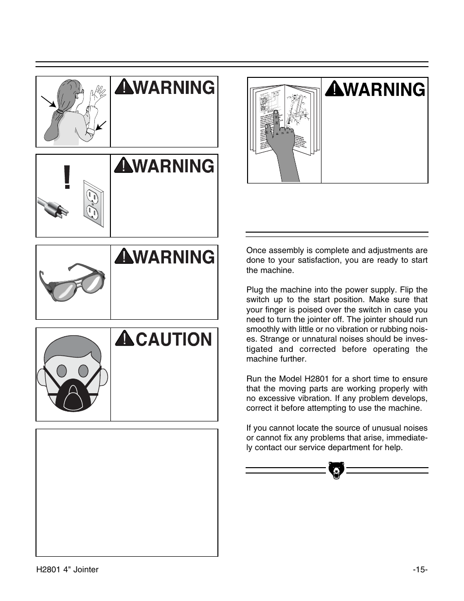 Test run, Notice | Grizzly H2801 User Manual | Page 17 / 32