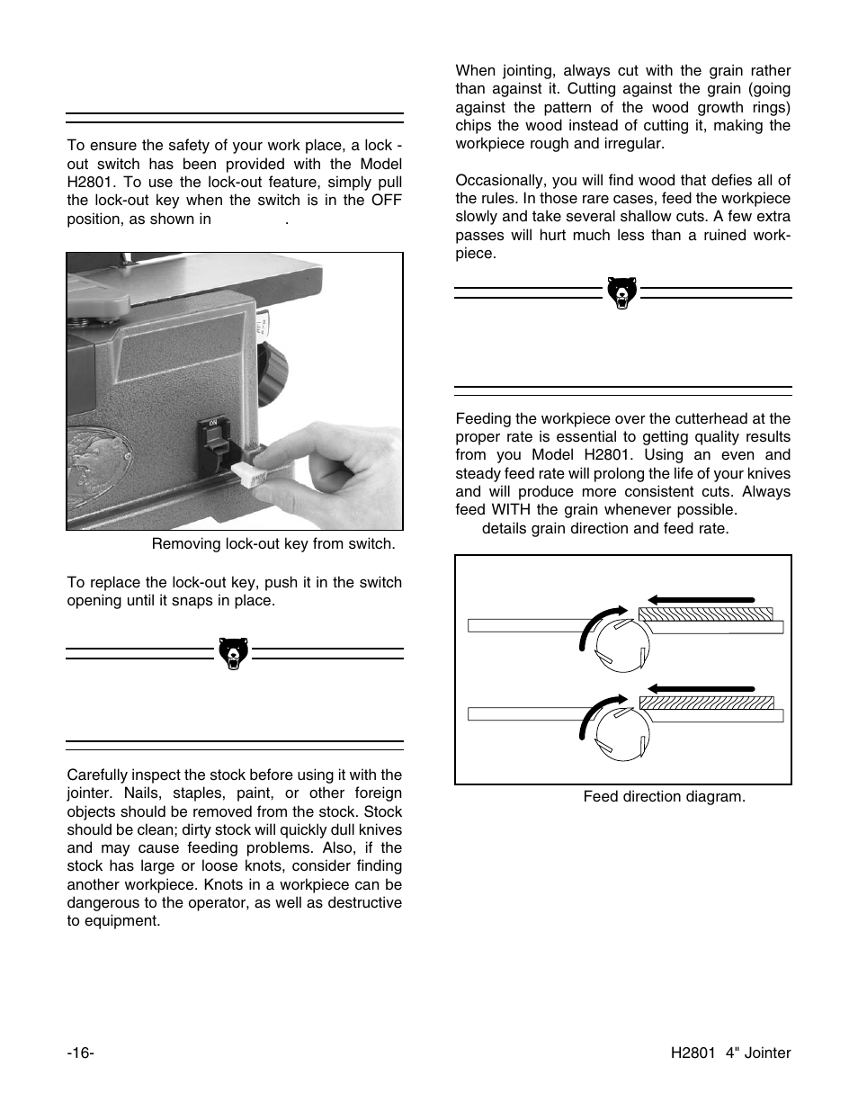 Feeding workpiece, Stock inspection lock-out switch | Grizzly H2801 User Manual | Page 18 / 32