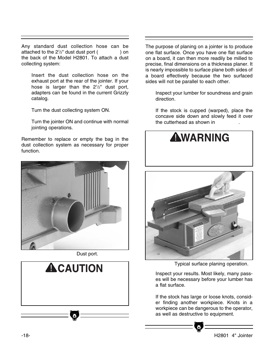 Surface planing, Dust collection | Grizzly H2801 User Manual | Page 20 / 32