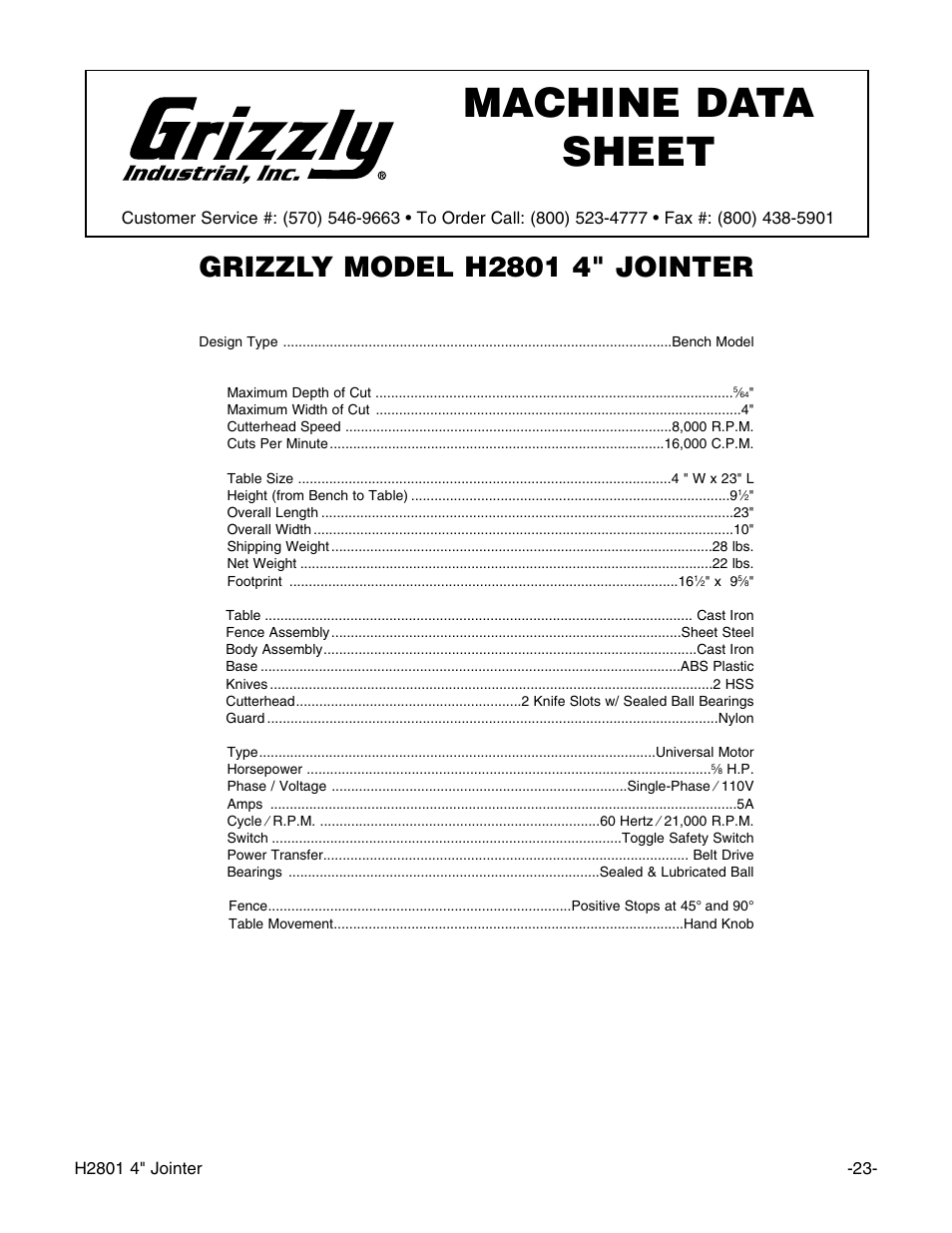 Machine data sheet | Grizzly H2801 User Manual | Page 25 / 32