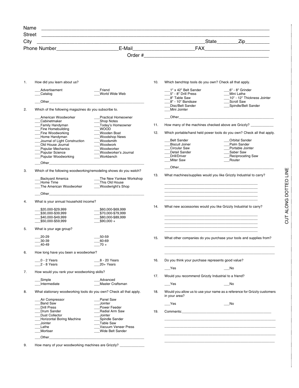 Warranty card, Cut along dotted line | Grizzly H2801 User Manual | Page 29 / 32