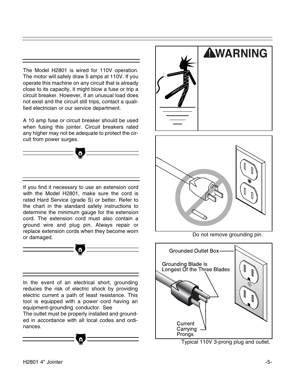 110v operation, Extension cords grounding | Grizzly H2801 User Manual | Page 7 / 32