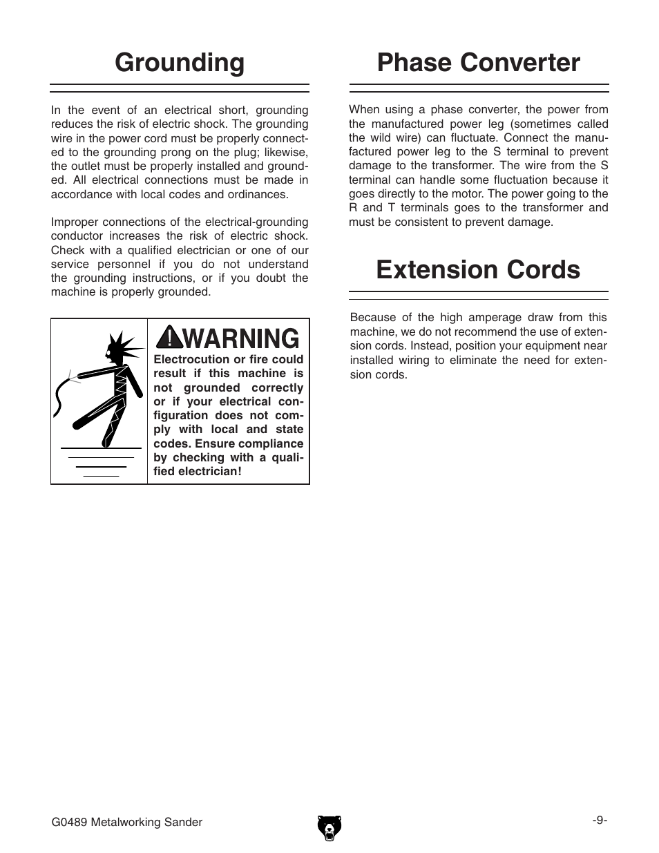 Extension cords, Grounding, Phase converter | Grizzly G0489 User Manual | Page 11 / 28