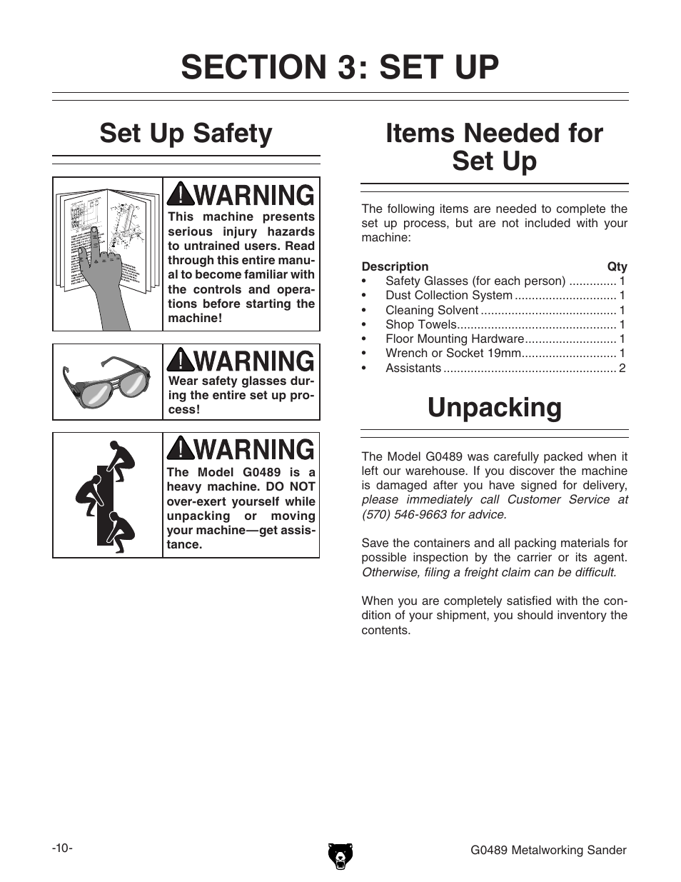 Unpacking set up safety, Items needed for set up | Grizzly G0489 User Manual | Page 12 / 28