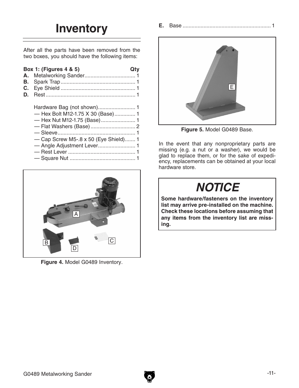 Inventory, Notice | Grizzly G0489 User Manual | Page 13 / 28