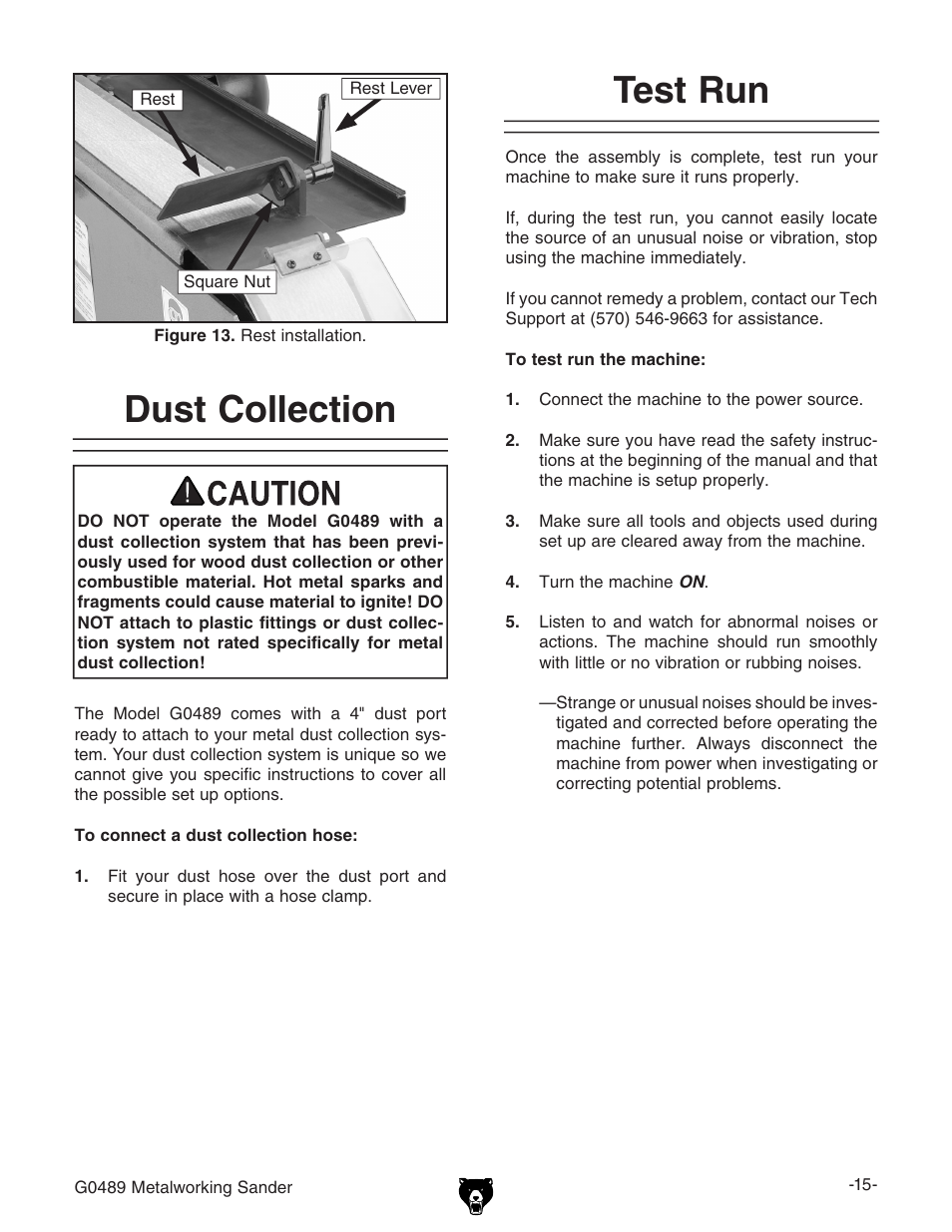 Dust collection, Test run | Grizzly G0489 User Manual | Page 17 / 28