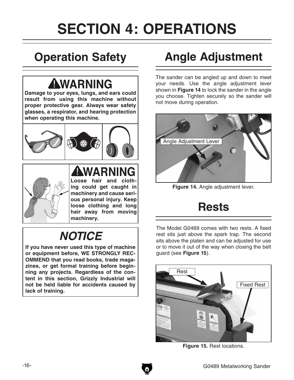 Rests operation safety, Notice, Angle adjustment | Grizzly G0489 User Manual | Page 18 / 28