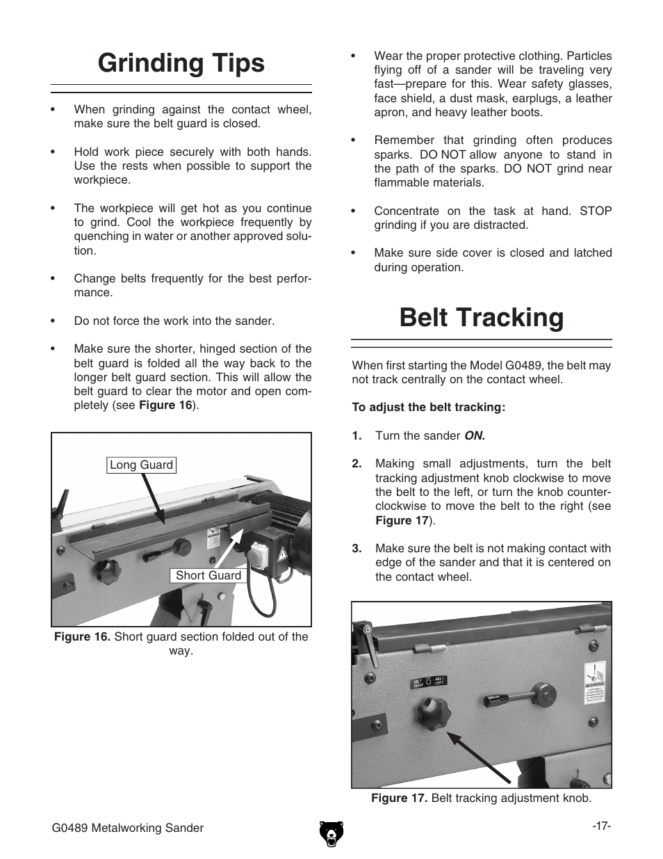 Grinding tips, Belt tracking | Grizzly G0489 User Manual | Page 19 / 28