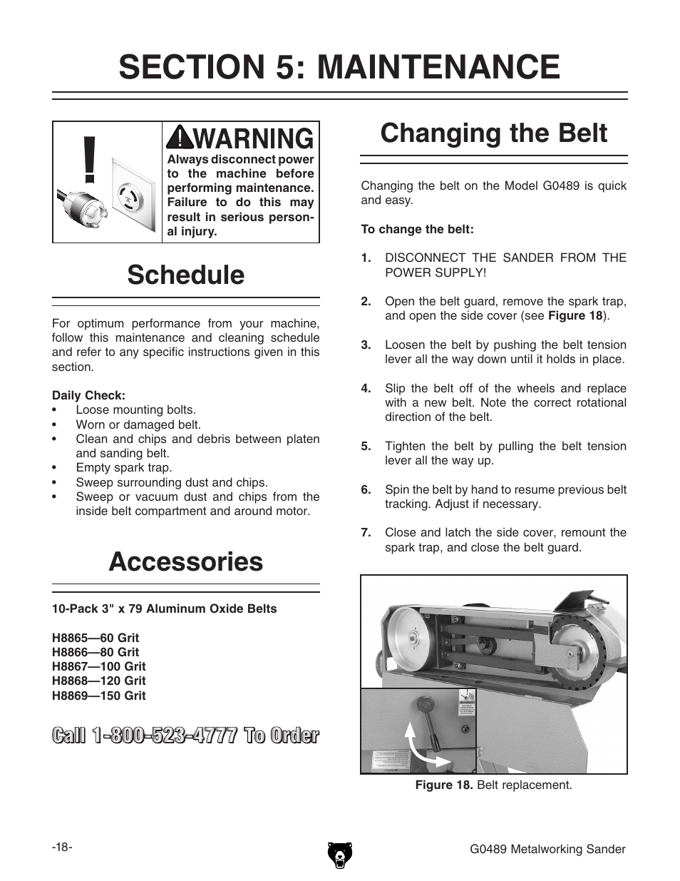 Changing the belt, Schedule accessories | Grizzly G0489 User Manual | Page 20 / 28