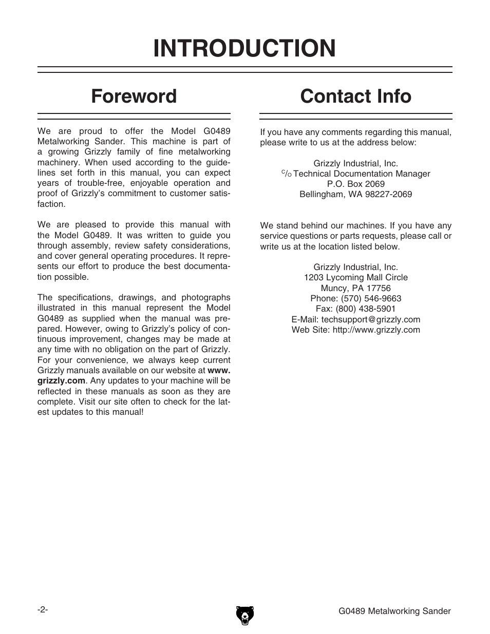 Introduction, Foreword, Contact info | Grizzly G0489 User Manual | Page 4 / 28