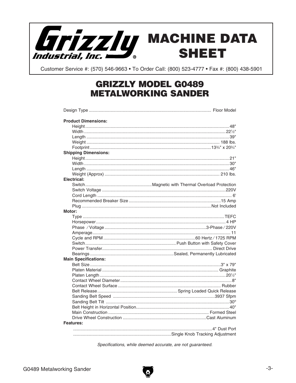 Machine data sheet, Grizzly model g0489 metalworking sander | Grizzly G0489 User Manual | Page 5 / 28