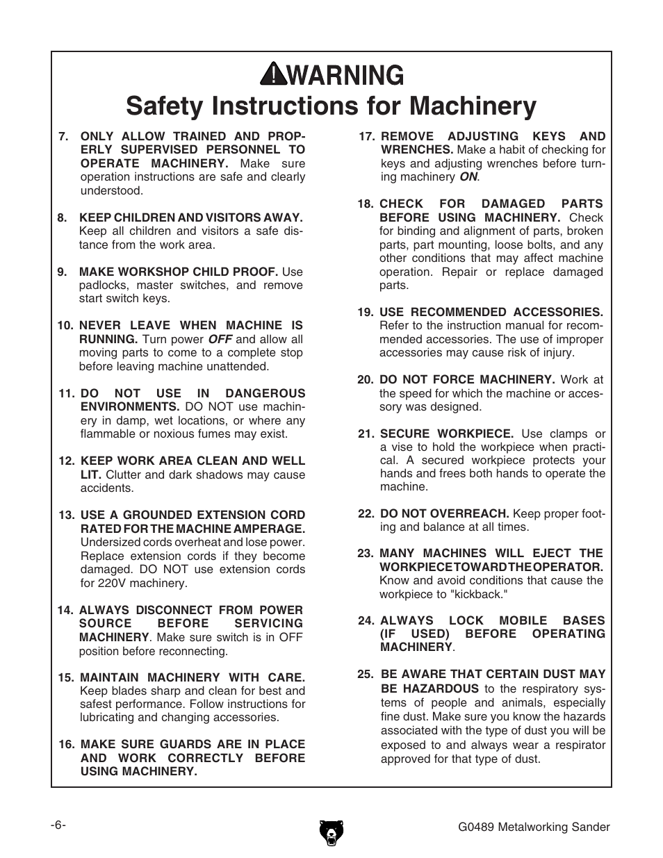 Safety instructions for machinery | Grizzly G0489 User Manual | Page 8 / 28