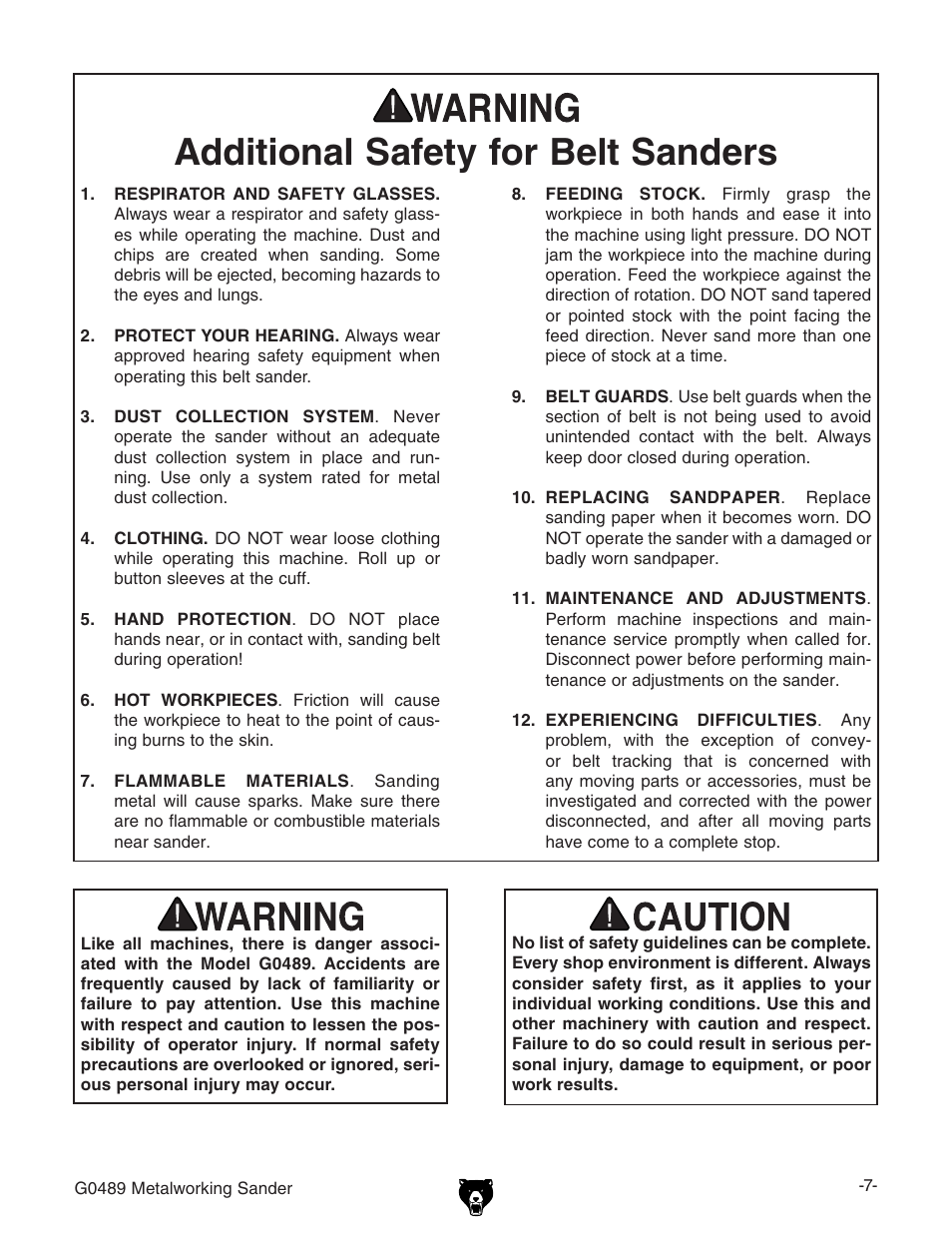 Additional safety for belt sanders | Grizzly G0489 User Manual | Page 9 / 28