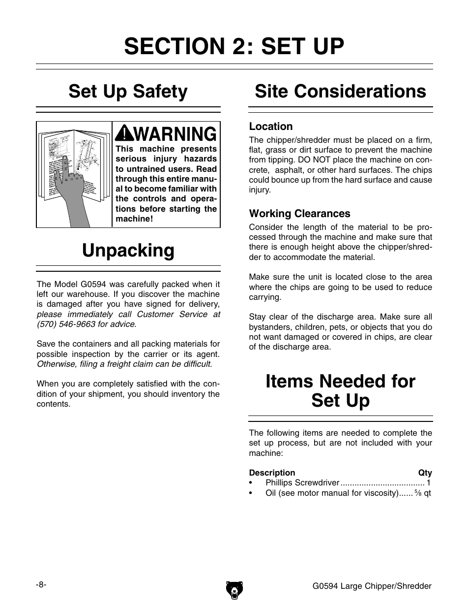 Unpacking set up safety, Items needed for set up, Site considerations | Grizzly G0594 User Manual | Page 10 / 24