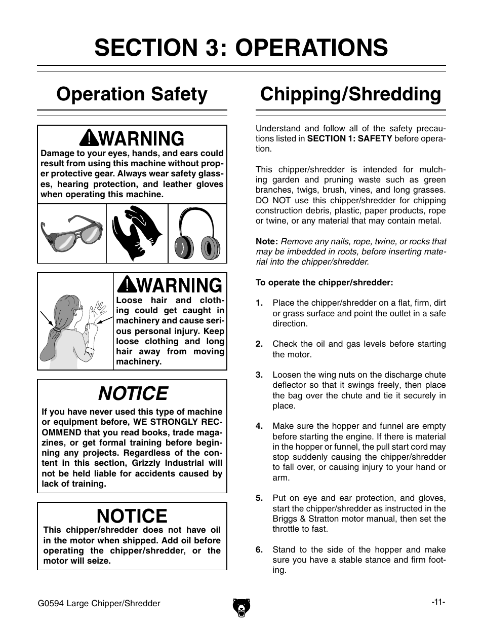 Operation safety, Notice, Chipping/shredding | Grizzly G0594 User Manual | Page 13 / 24