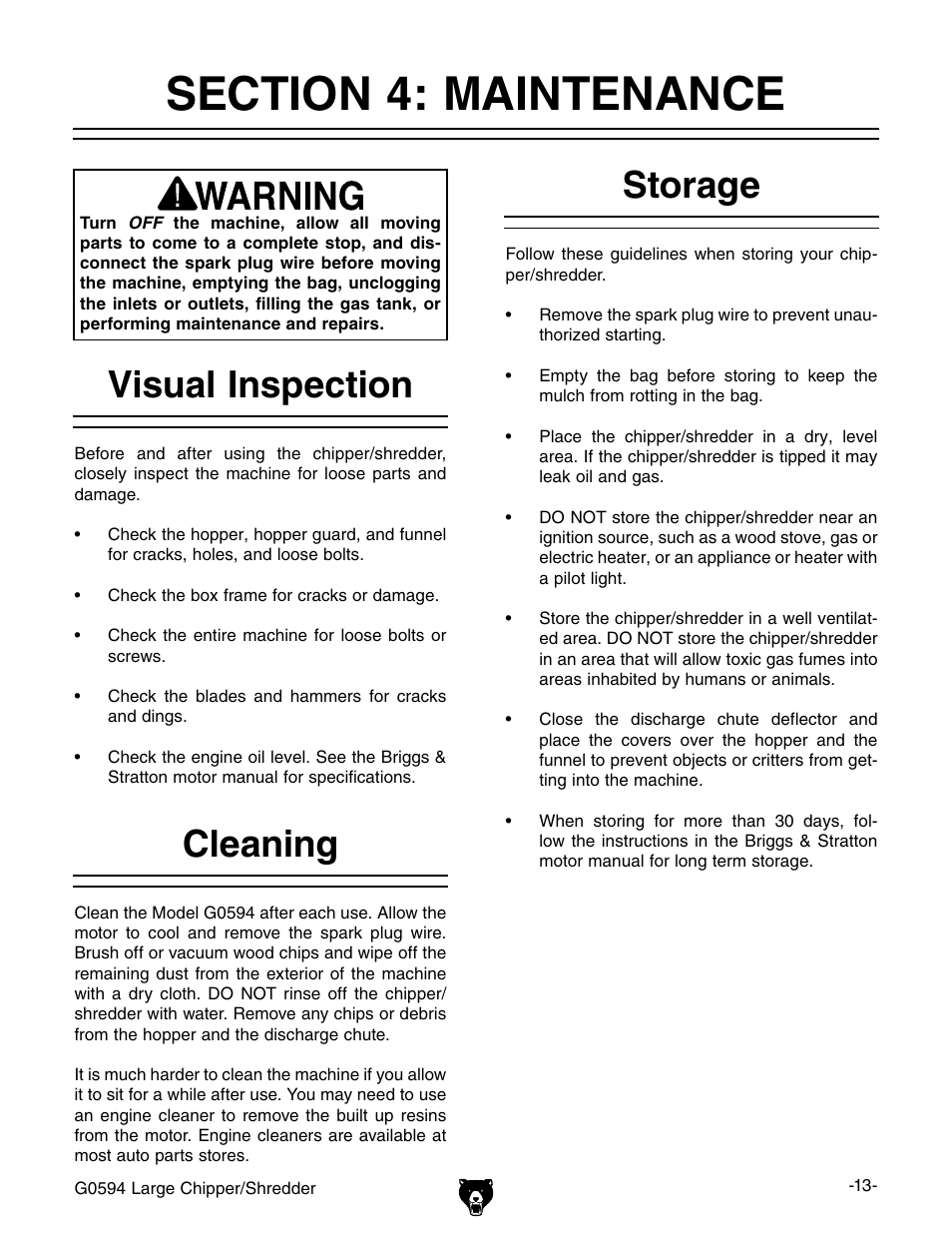 Visual inspection, Storage, Cleaning | Grizzly G0594 User Manual | Page 15 / 24