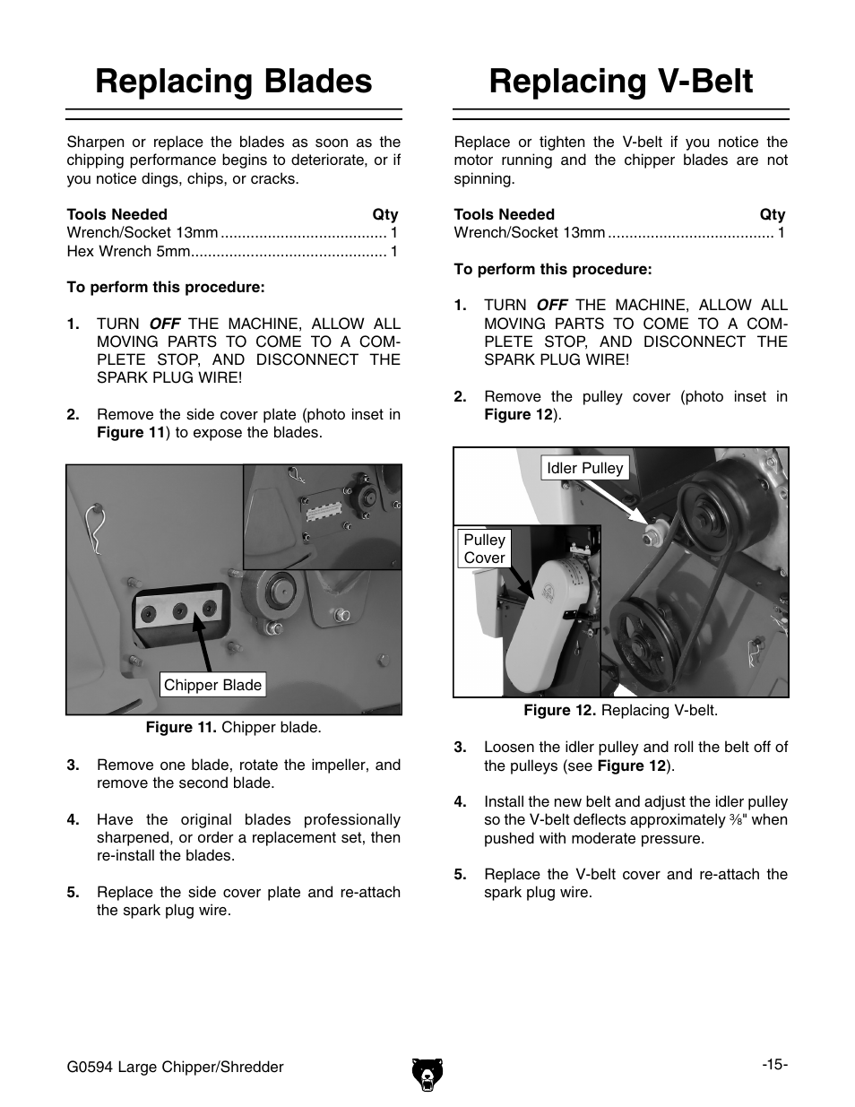 Replacing v-belt, Replacing blades | Grizzly G0594 User Manual | Page 17 / 24