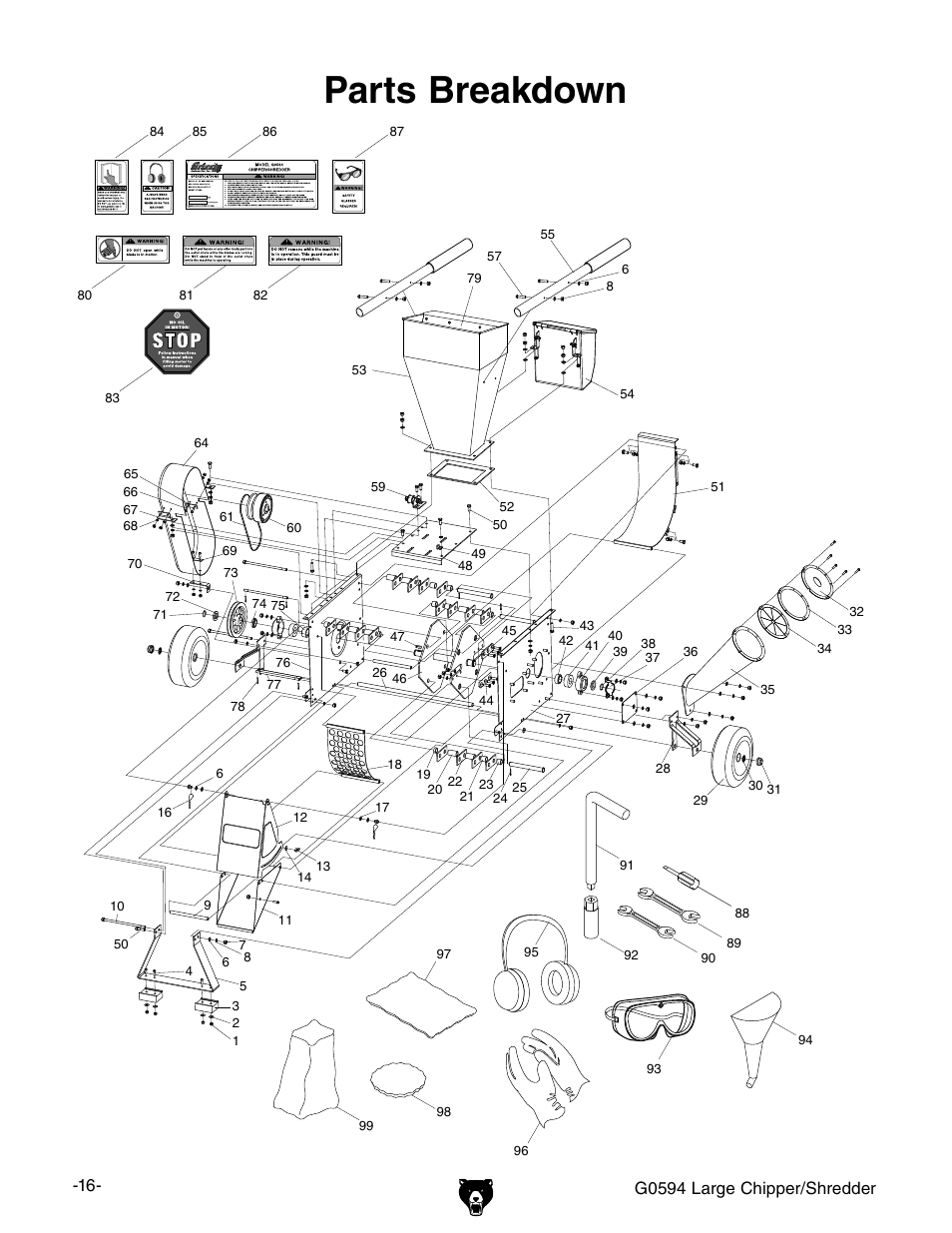 Parts breakdown, G0594 large chipper/shredder | Grizzly G0594 User Manual | Page 18 / 24