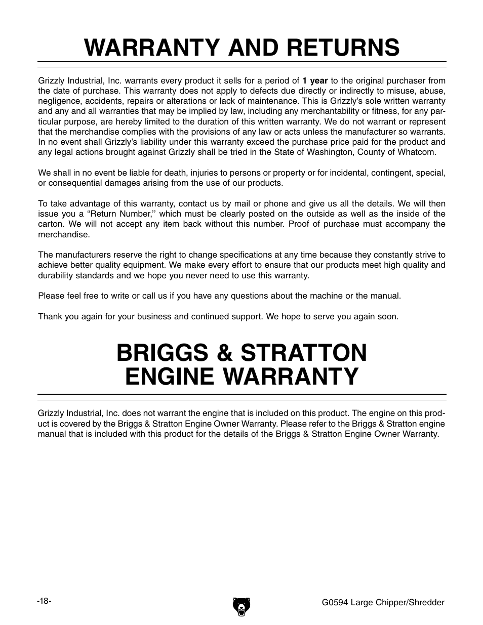 Warranty and returns, Briggs & stratton engine warranty | Grizzly G0594 User Manual | Page 20 / 24