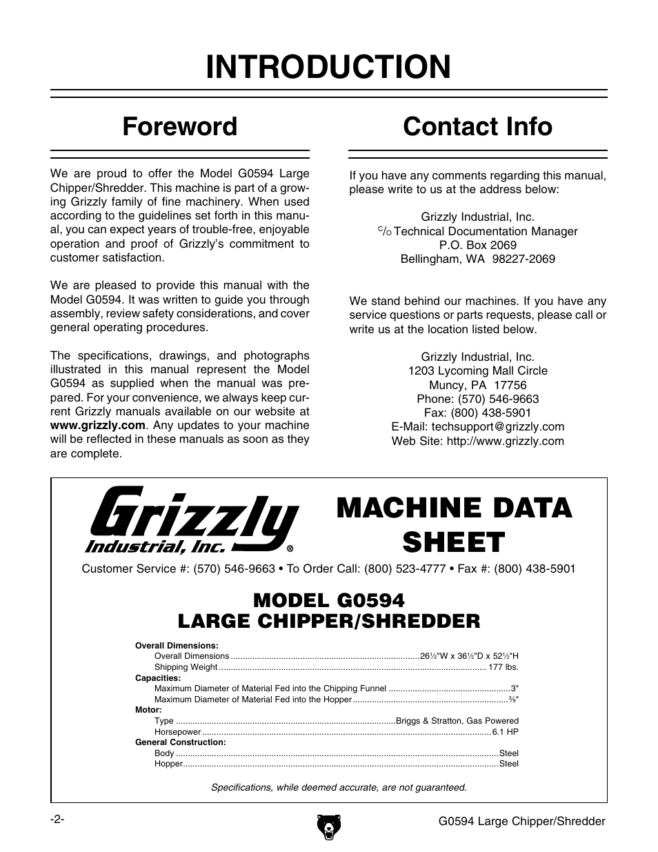 Introduction, Machine data sheet, Foreword | Contact info, Model g0594 large chipper/shredder | Grizzly G0594 User Manual | Page 4 / 24