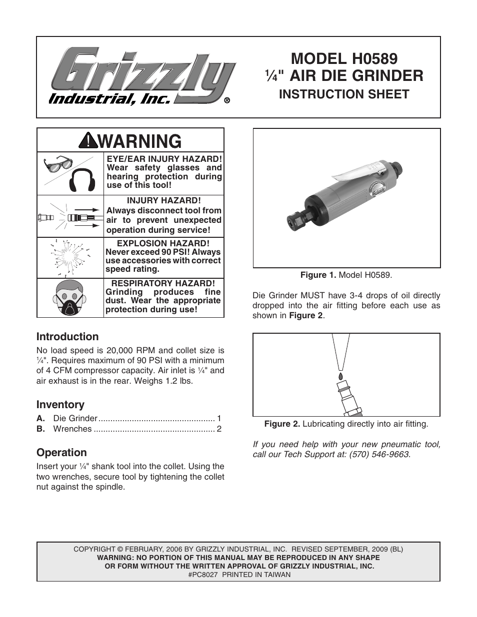 Grizzly industrial Inc.1/4" Air Die Grinder H0589 User Manual | 2 pages