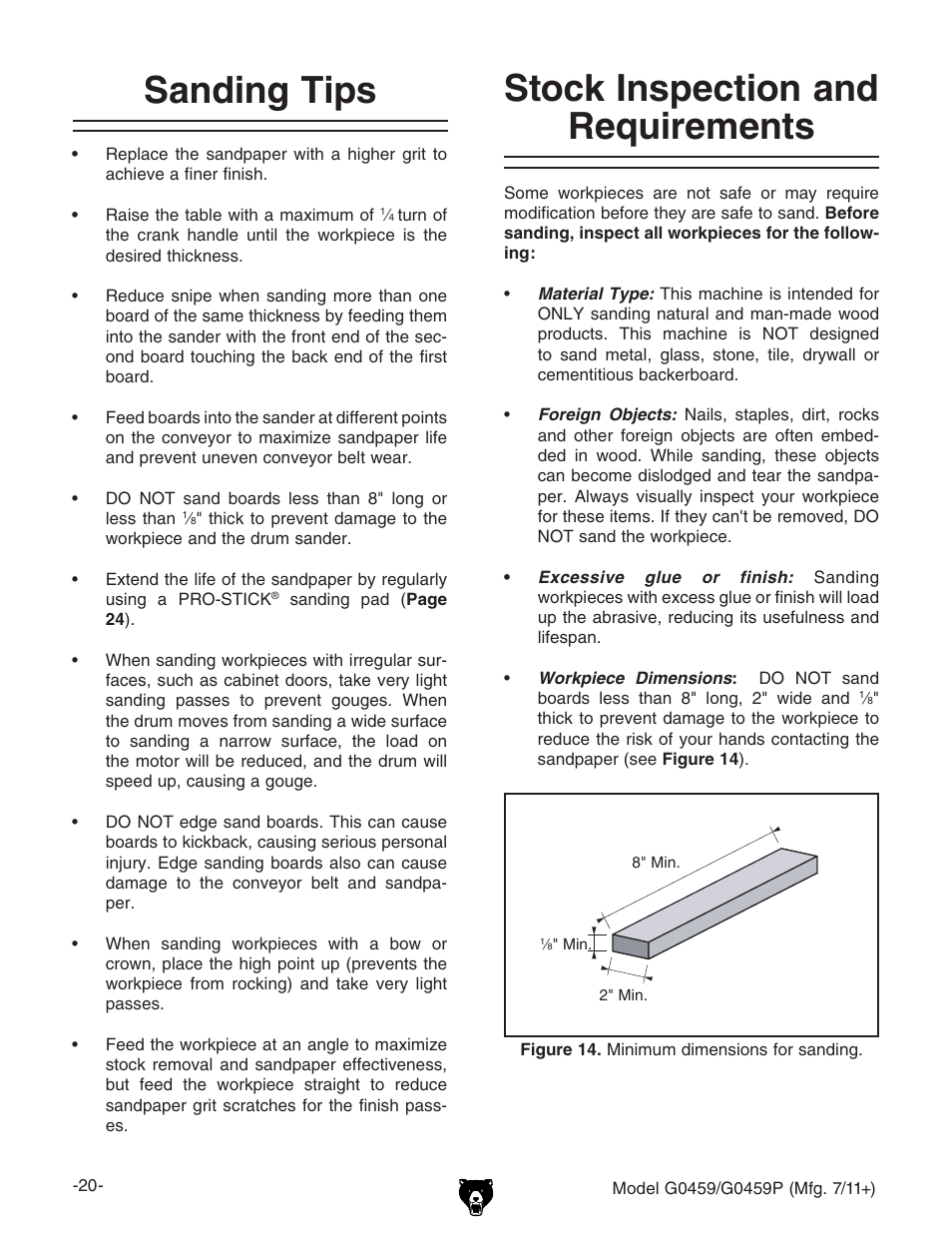 Stock inspection and requirements, Sanding tips | Grizzly G0459P User Manual | Page 22 / 56