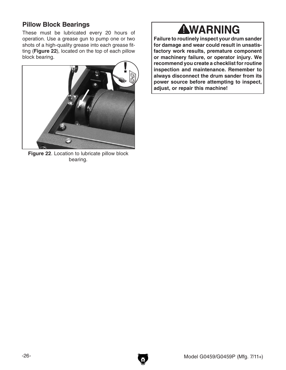 Pillow block bearings | Grizzly G0459P User Manual | Page 28 / 56