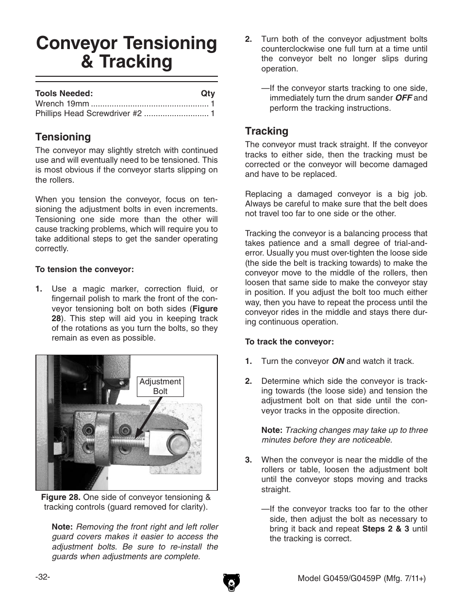 Conveyor tensioning & tracking | Grizzly G0459P User Manual | Page 34 / 56