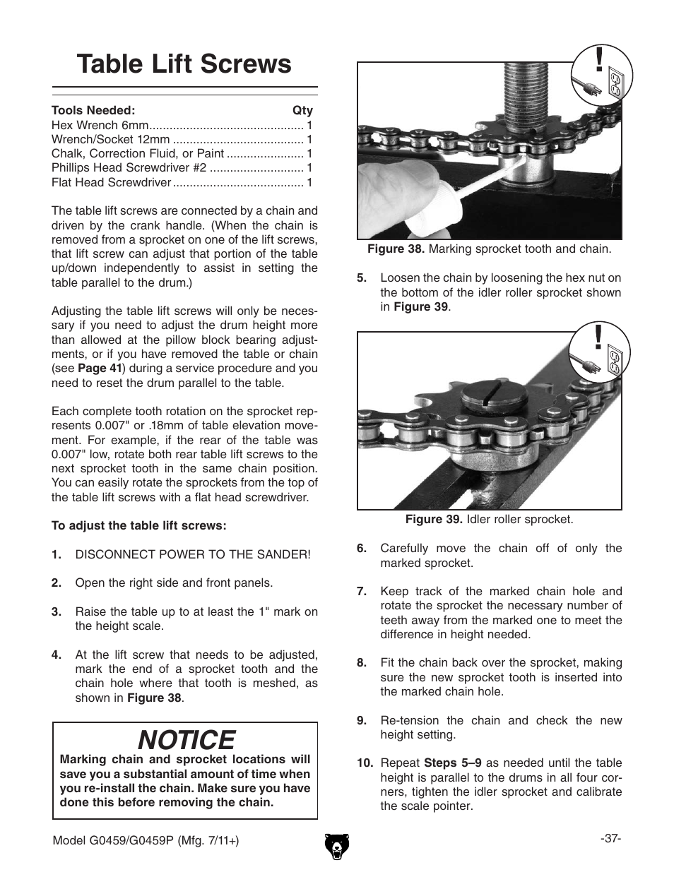 Table lift screws, Notice | Grizzly G0459P User Manual | Page 39 / 56