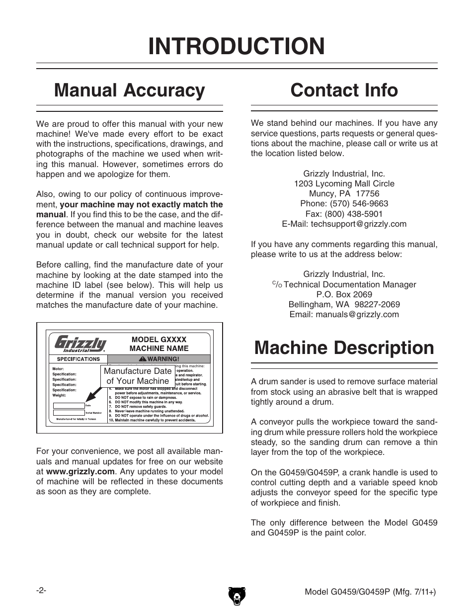 Introduction, Contact info, Machine description manual accuracy | Grizzly G0459P User Manual | Page 4 / 56