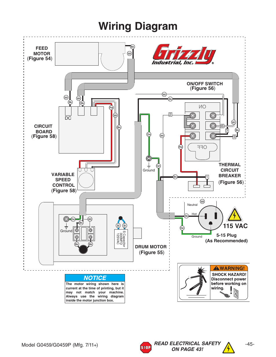 Wiring diagram, 115 vac | Grizzly G0459P User Manual | Page 47 / 56