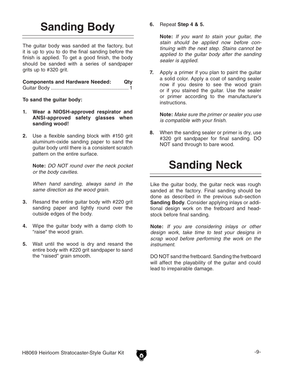 Sanding neck, Sanding body | Grizzly Heirloom Strarocaster-Style Kit BL8551 User Manual | Page 11 / 36