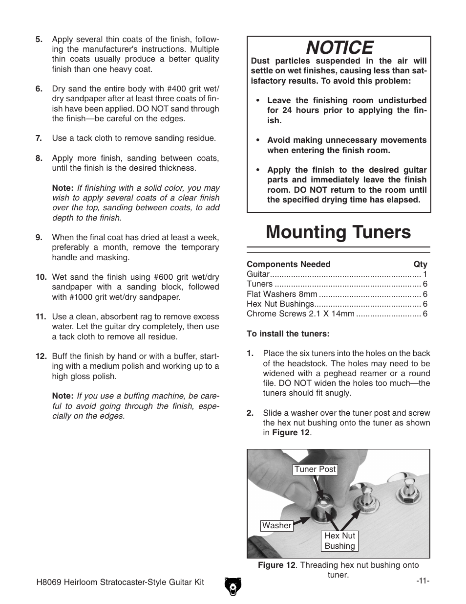 Notice, Mounting tuners | Grizzly Heirloom Strarocaster-Style Kit BL8551 User Manual | Page 13 / 36
