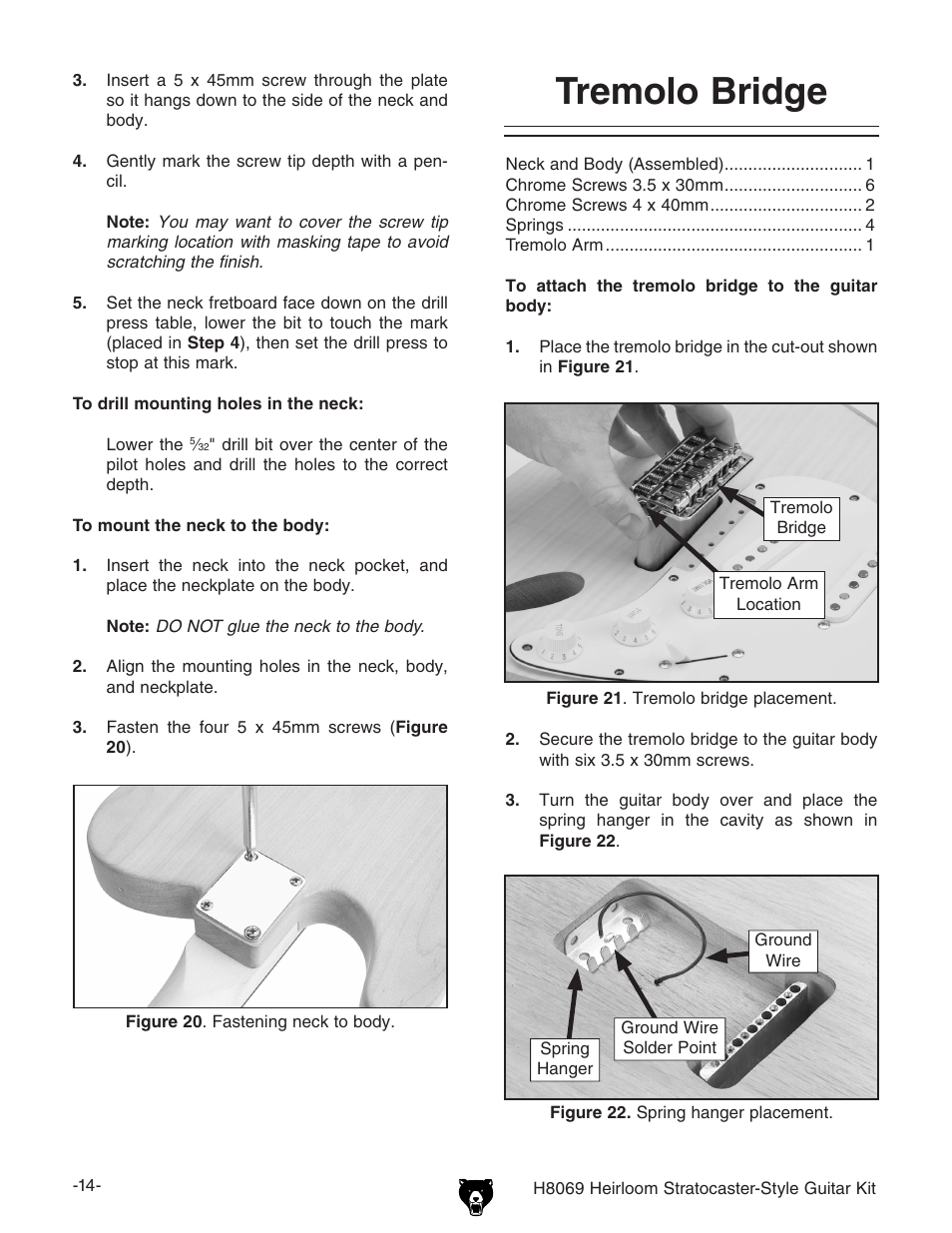 Tremolo bridge | Grizzly Heirloom Strarocaster-Style Kit BL8551 User Manual | Page 16 / 36