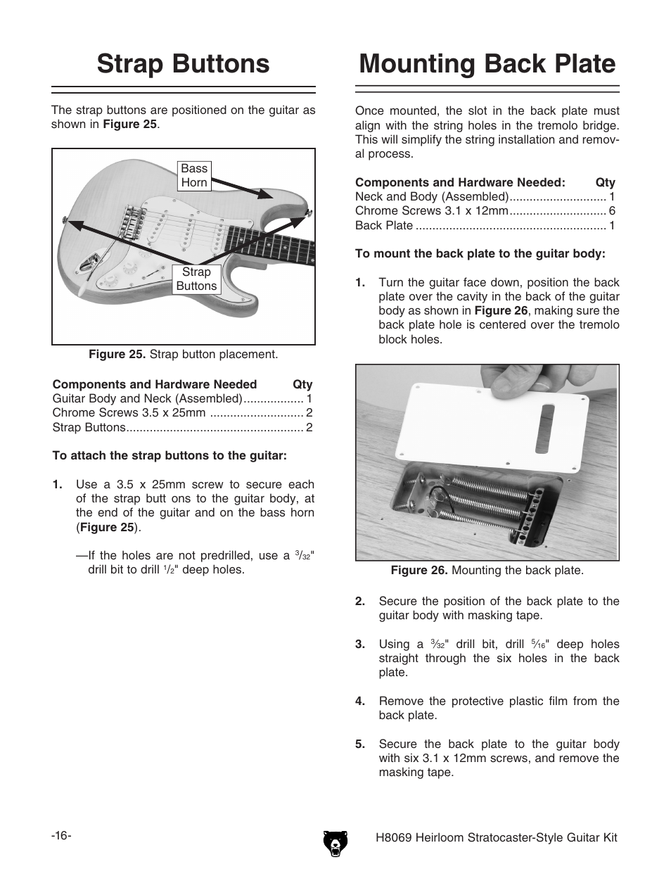 Strap buttons, Mounting back plate | Grizzly Heirloom Strarocaster-Style Kit BL8551 User Manual | Page 18 / 36