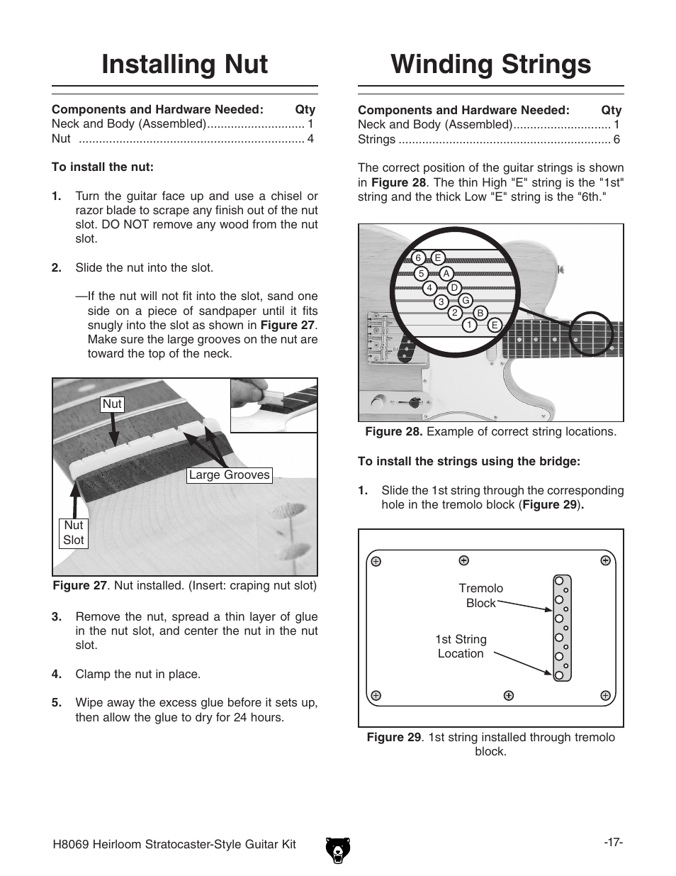 Installing nut, Winding strings | Grizzly Heirloom Strarocaster-Style Kit BL8551 User Manual | Page 19 / 36